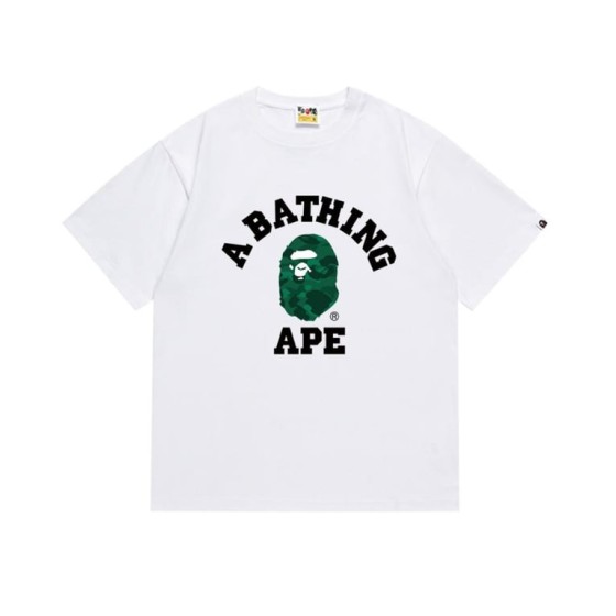 White BAPE T-Shirt with Green Camo Ape Head and "A BATHING APE" College Logo